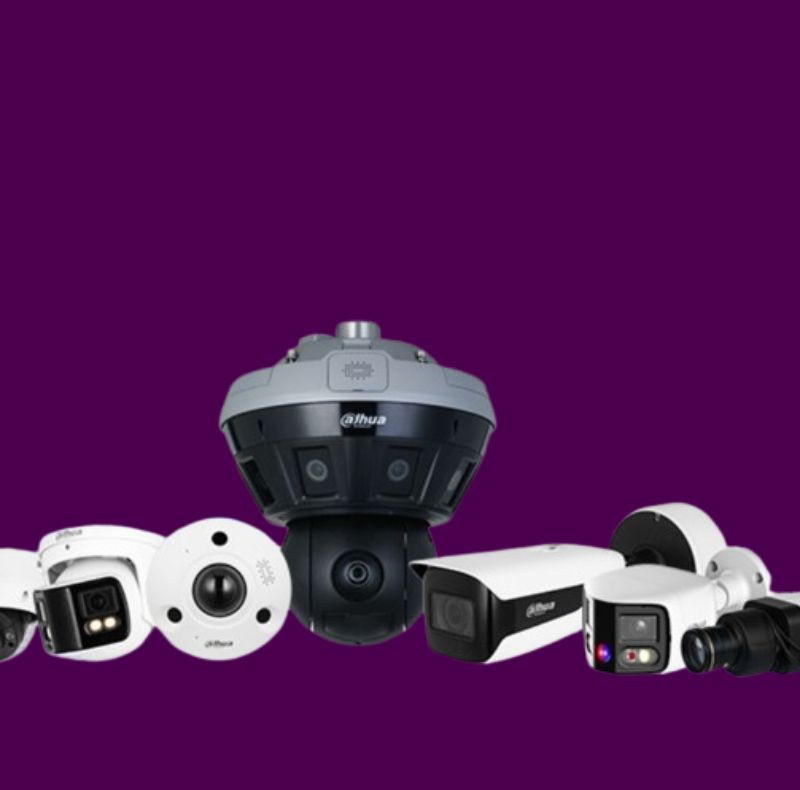 PTZ security cameras on a purple background."