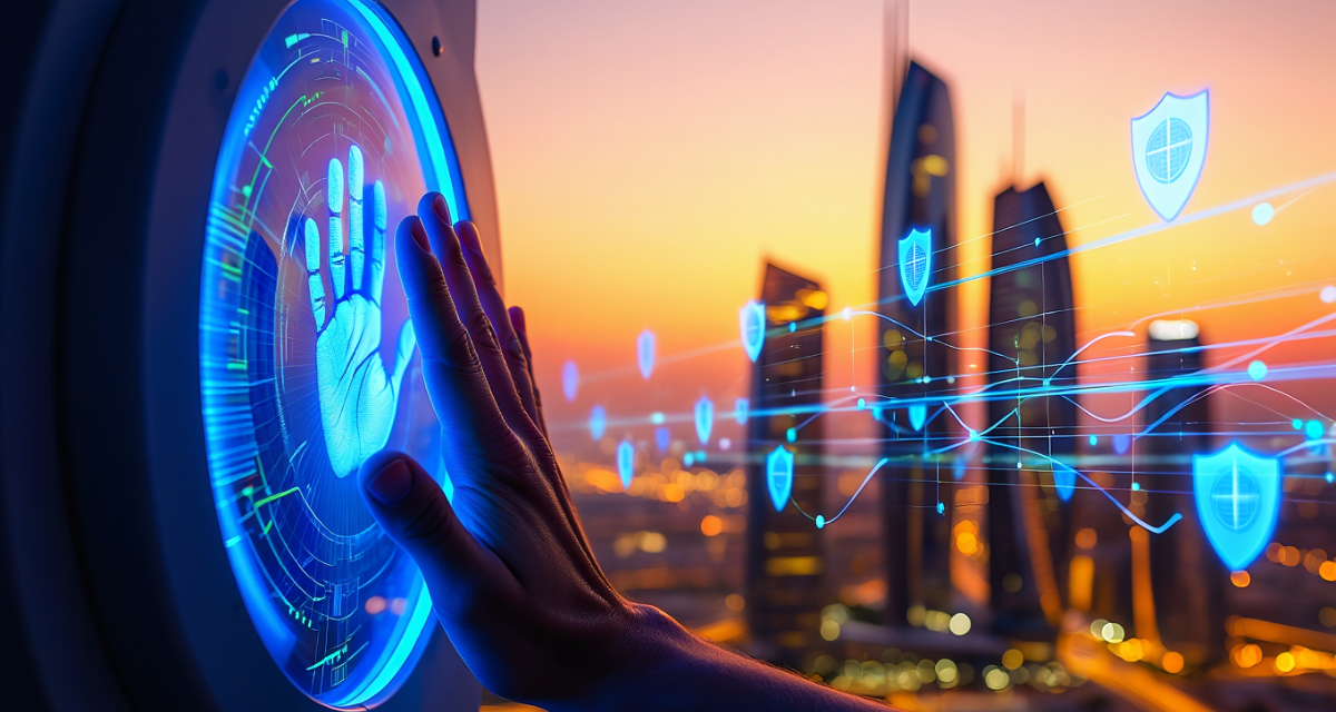 Employee using fingerprint scanner demonstrating how biometric access control systems in Abu Dhabi work for secure office entry and identity verification