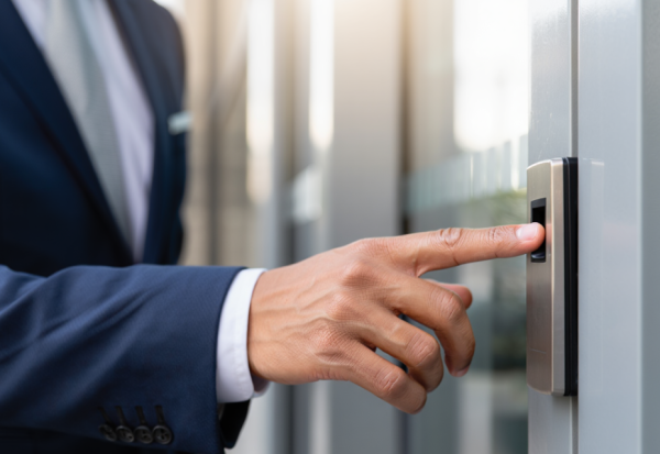 Modern office entrance using biometric access control systems in Abu Dhabi for secure employee authentication and workplace security management