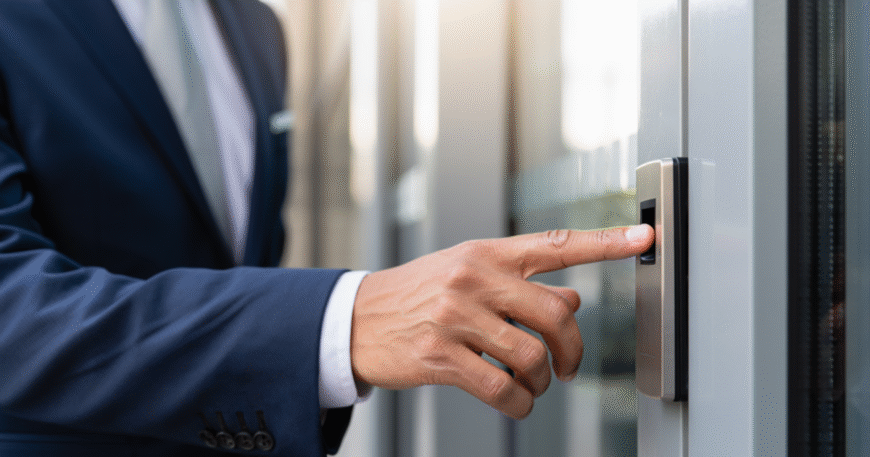 Modern office entrance using biometric access control systems in Abu Dhabi for secure employee authentication and workplace security management