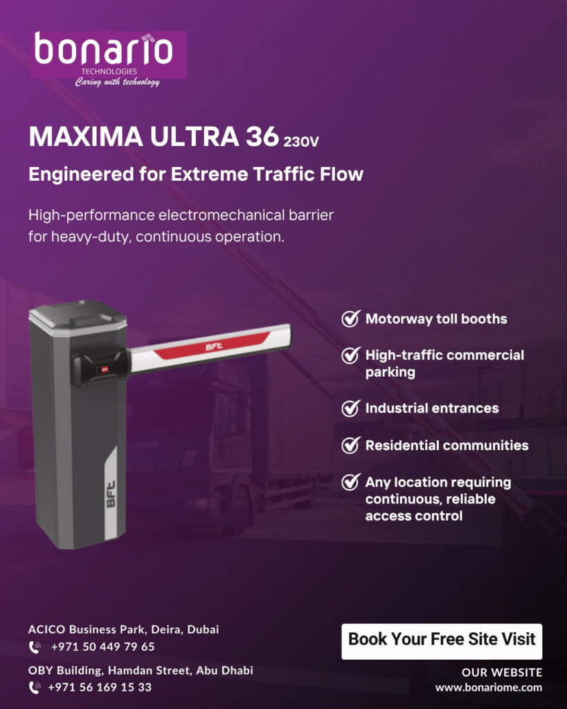 Maxima barrier poster showcasing a gate barrier system in Deira for advanced vehicle access control