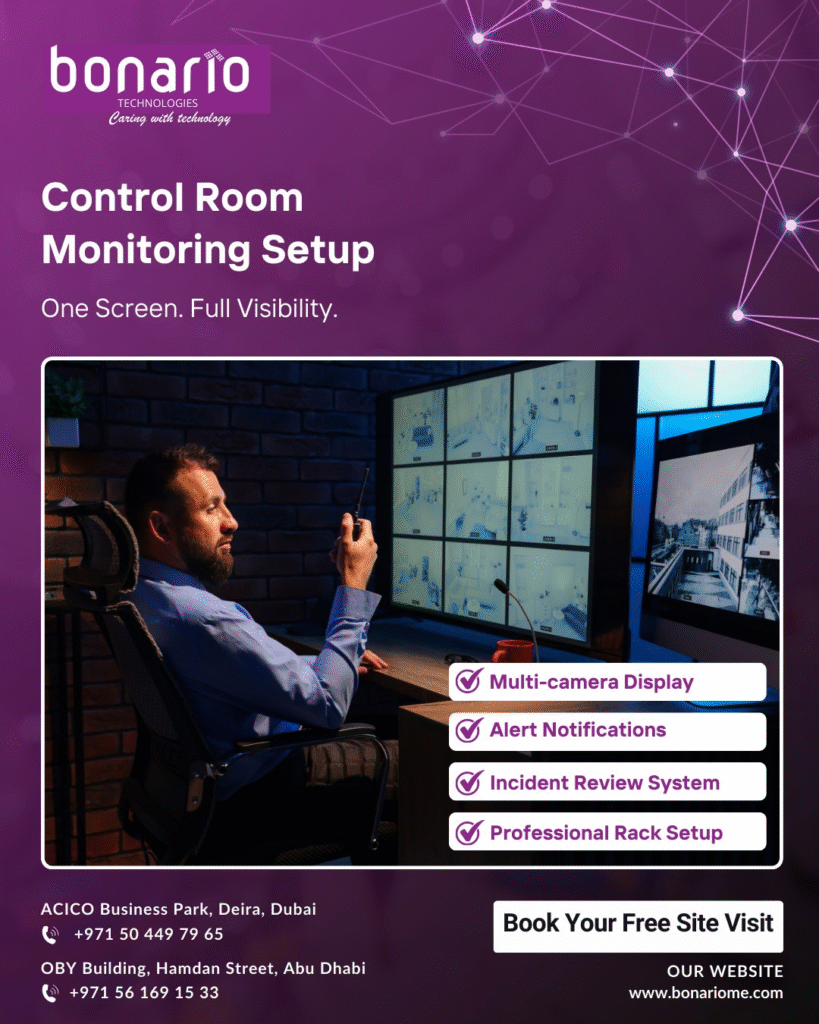 Security personnel monitoring multiple surveillance screens as part of CCTV monitoring services in Dubai Media City for real-time business protection.