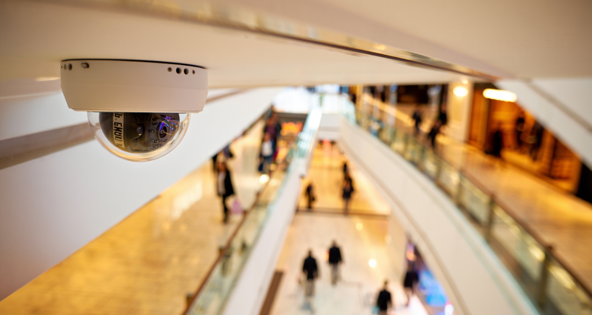 Advanced shopping mall surveillance system with multiple types of CCTV cameras in UAE monitoring entrances, retail stores, escalators, and public areas for enhanced security.