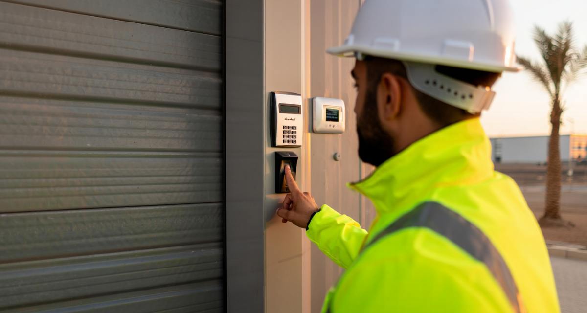 Modern warehouse entrance protected with industrial access control systems in Sharjah for secure staff and goods management