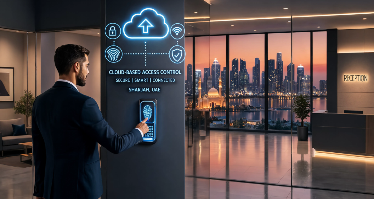 Business office using Cloud-Based Access Control Systems in Sharjah with biometric access, remote monitoring, and smart keyless entry technology.