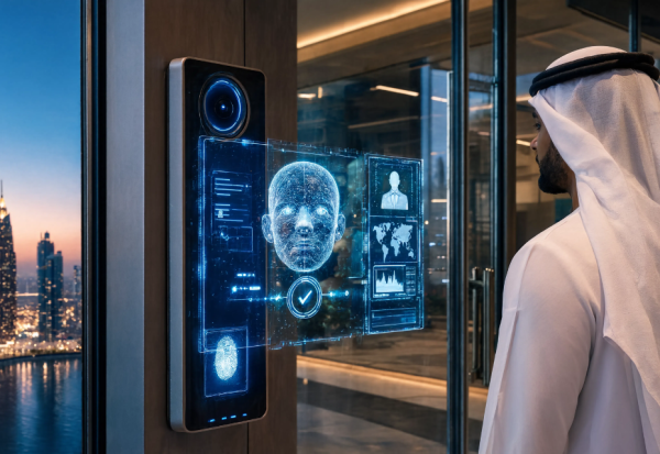 Modern office entrance using ai-powered access control systems in dubai with facial recognition scanners and secure entry gates