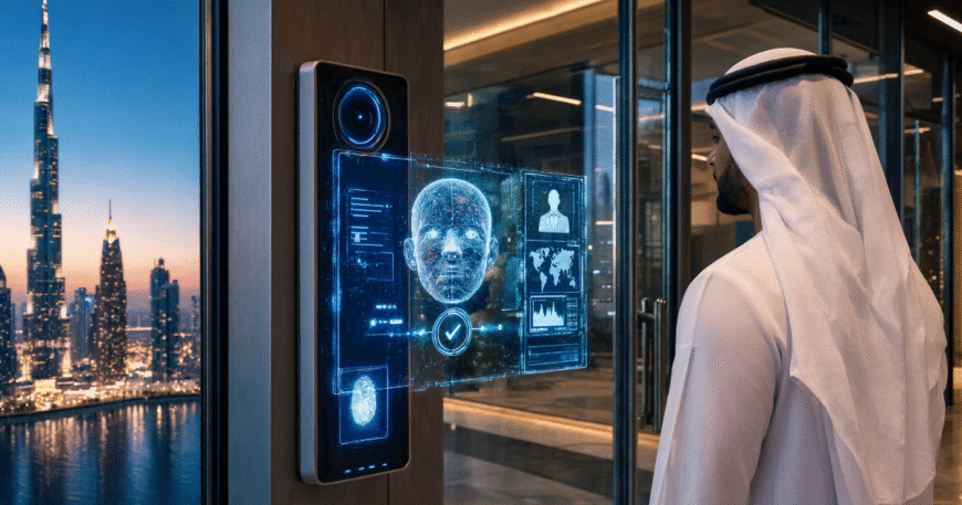 Modern office entrance using ai-powered access control systems in dubai with facial recognition scanners and secure entry gates