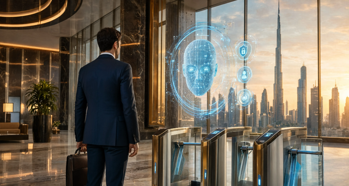 Smart security dashboard showcasing ai-powered access control systems in dubai with biometric scanners and real-time monitoring features