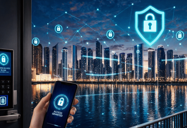 Modern office security setup using Cloud-Based Access Control Systems in Sharjah with biometric scanners, smart keyless entry, and mobile access management.