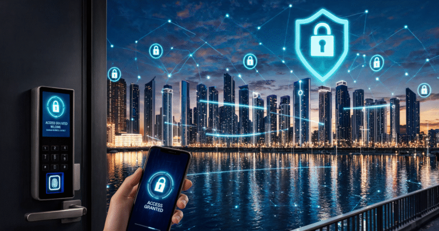 Modern office security setup using Cloud-Based Access Control Systems in Sharjah with biometric scanners, smart keyless entry, and mobile access management.