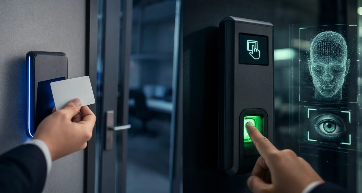 Biometric fingerprint scanner and RFID card reader demonstrating RFID vs Biometric Access Control Systems for enhanced business security and access management.