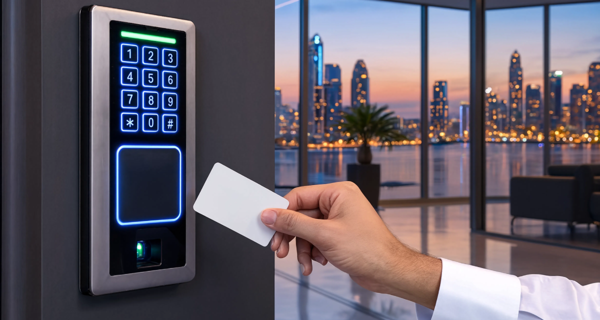 Modern office using smart keyless entry with Cloud-Based Access Control Systems in Sharjah for secure and contactless employee access.