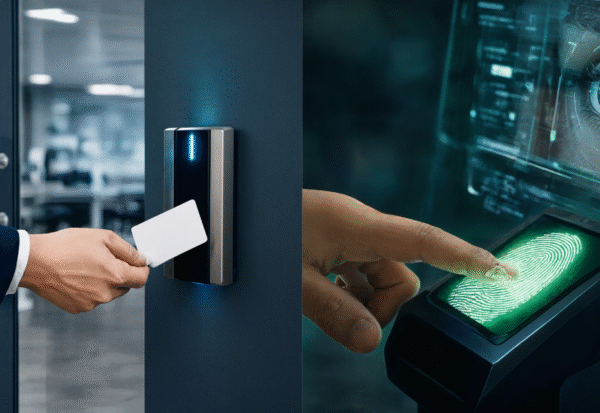 RFID vs Biometric Access Control Systems comparison showing RFID card readers and biometric fingerprint scanners used for secure business access management.
