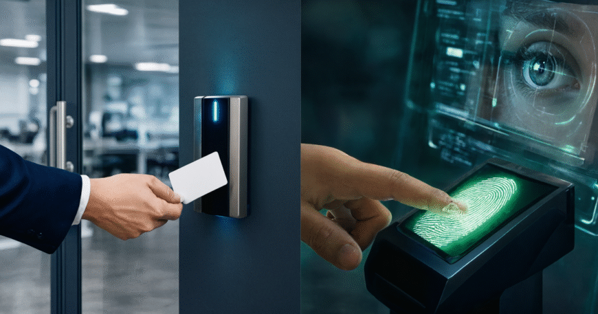 RFID vs Biometric Access Control Systems comparison showing RFID card readers and biometric fingerprint scanners used for secure business access management.