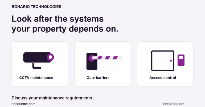 Editorial illustration of CCTV, gate-barrier and door access-control maintenance