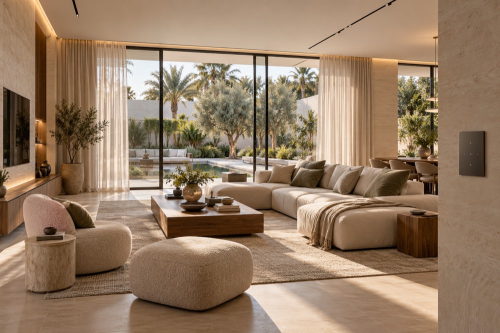 AI illustration of a contemporary home with discreet lighting and wall controls